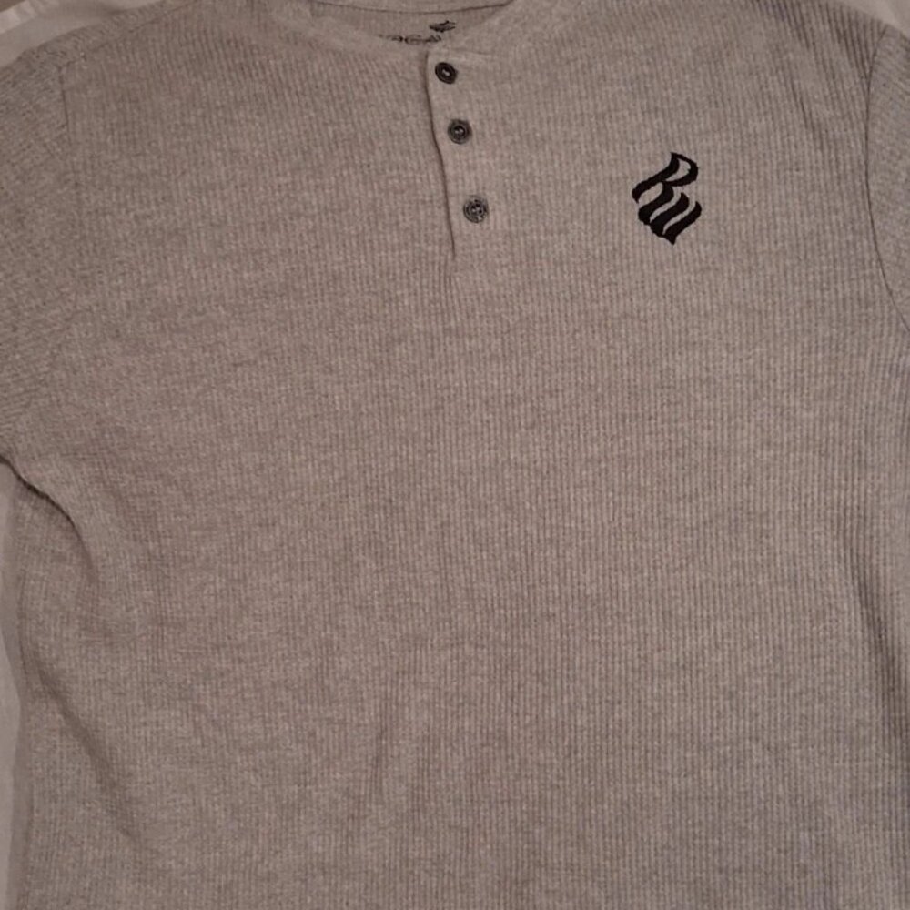 Mens Rocawear Grey Waffle Knit Thermal Henley Long Sleeve Shirt Streetwear Size